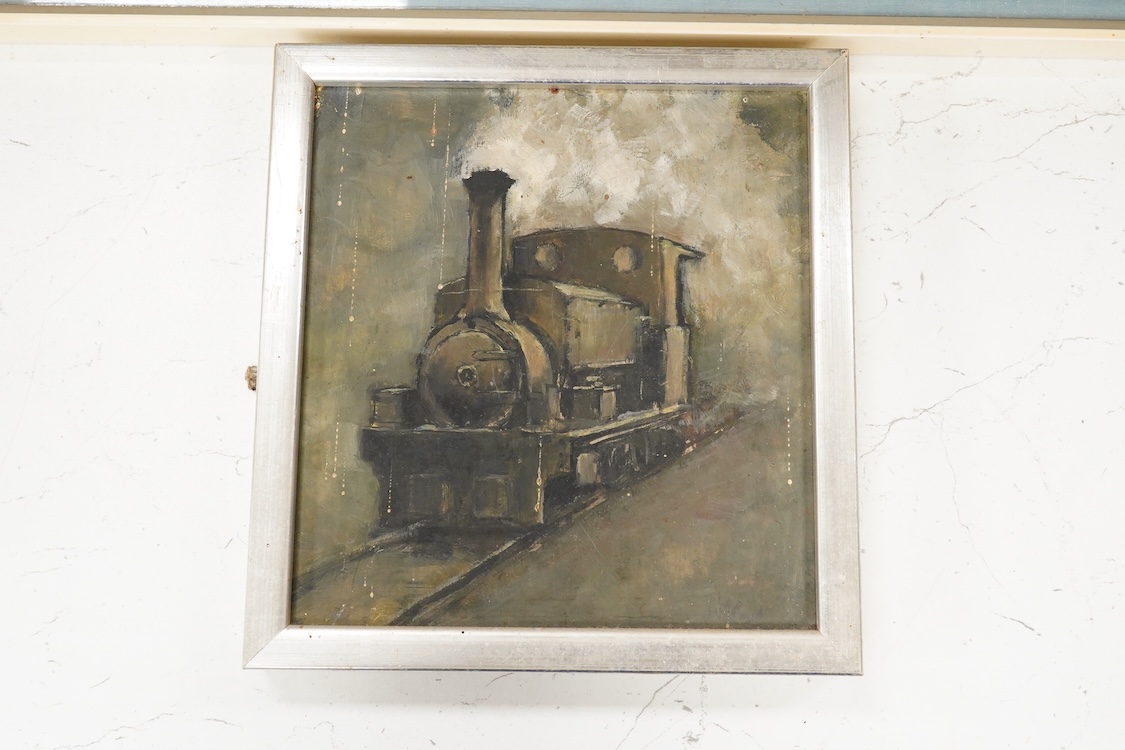 Bill Parrot, Set of seven etchings, Nude female studies, unsigned, framed as one, inscribed verso together with a small oil study of a locomotive, largest overall 16.5 x 56cm